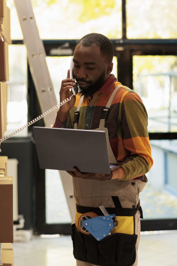 African american employee talking at landline phone with remote manager, looking at customers order on laptop computer in warehouse. Supervisor preparing packages for delivery in storage room