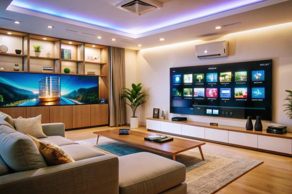Modern living room with large TV, couch, and plants.